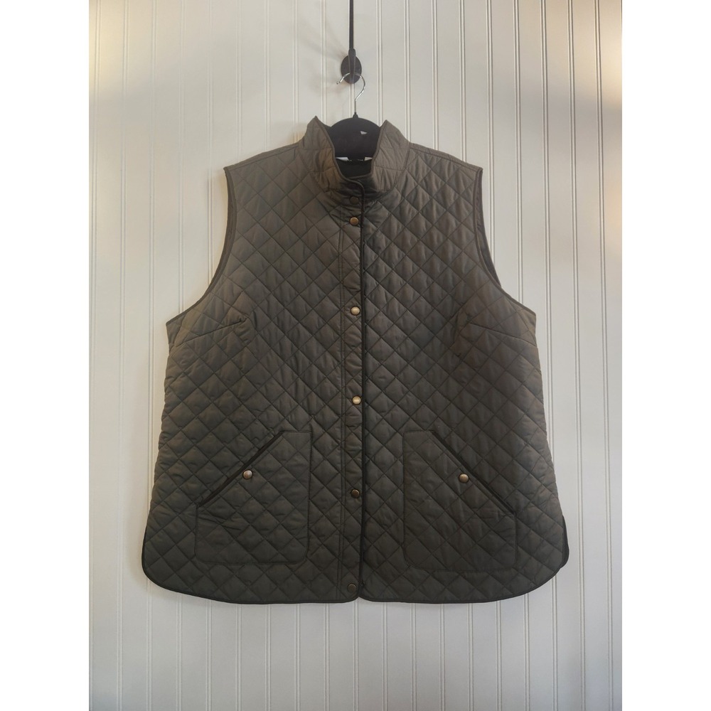 NEW Lands End Women's Olive Green Quilted Vest Jacket Size 2XL Brass‎ SnapButton